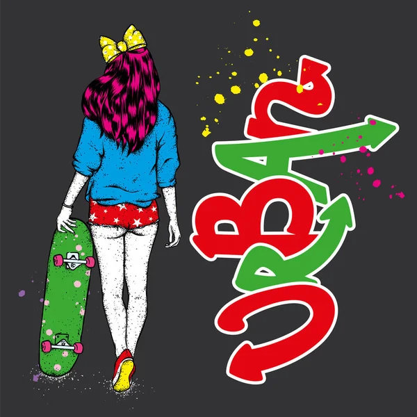 Beautiful girl in shorts and with a skateboard. A skater girl. Vector illustration. Street sports, skateboarding, extreme.