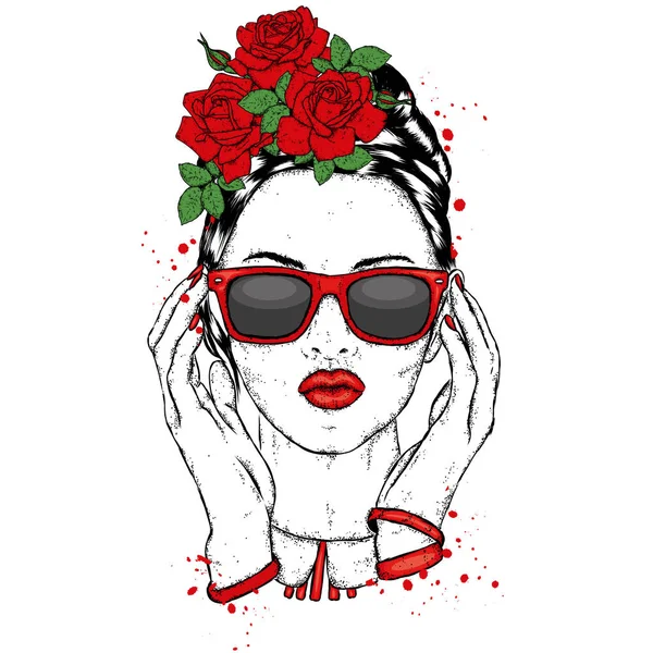 Красивая Девушка Очках Цветочном Венке Векторная Иллюстрация Мода Стиль Розы — стоковый вектор