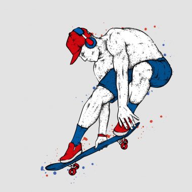 Kot pantolon ve spor ayakkabı giyen şık bir patenci. Kaykay mı? Bir kartpostal ya da poster için vektör çizimi, giysiler için baskı. Sokak kültürleri.