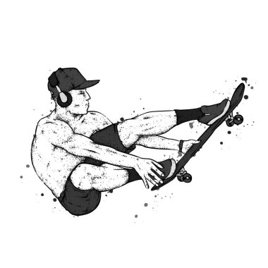 Kot pantolon ve spor ayakkabı giyen şık bir patenci. Kaykay mı? Bir kartpostal ya da poster için vektör çizimi, giysiler için baskı. Sokak kültürleri.