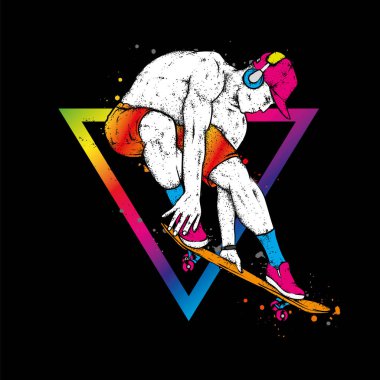 Kot pantolon ve spor ayakkabı giyen şık bir patenci. Kaykay mı? Bir kartpostal ya da poster için vektör çizimi, giysiler için baskı. Sokak kültürleri.