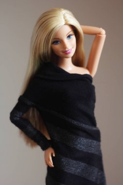 Bir Barbie bebek uzun beyaz saçlı ve giysileri.