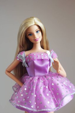 Bir Barbie bebek uzun beyaz saçlı ve giysileri.
