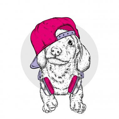 Gözlük ve kulaklık ile komik köpek yavrusu. Safkan köpek yavrusu. Vektör çizim.