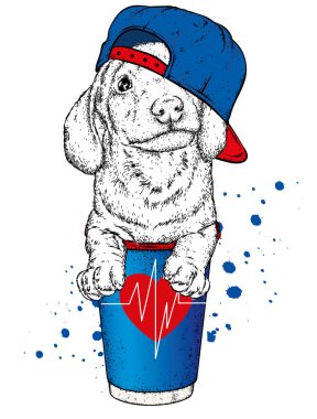 Köpek ve bir bardak kahve. Vektör çizim.