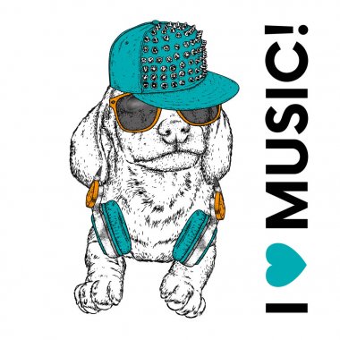 Gözlük ve kulaklık ile komik köpek yavrusu. Safkan köpek yavrusu. Vektör çizim.