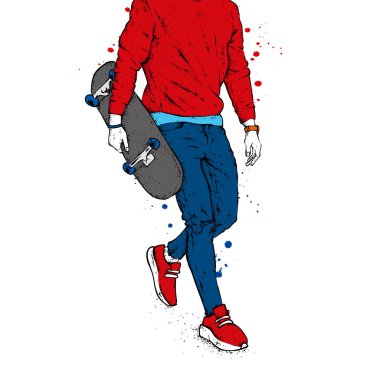 Kot pantolon ve spor ayakkabı giyen şık bir patenci. Kaykay mı? Bir kartpostal ya da poster için vektör çizimi, giysiler için baskı. Sokak kültürleri.