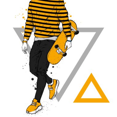 Kot pantolon ve spor ayakkabı giyen şık bir patenci. Kaykay mı? Bir kartpostal ya da poster için vektör çizimi, giysiler için baskı. Sokak kültürleri.