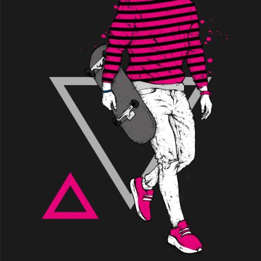 Kot pantolon ve spor ayakkabı giyen şık bir patenci. Kaykay mı? Bir kartpostal ya da poster için vektör çizimi, giysiler için baskı. Sokak kültürleri.