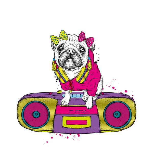 Mops Cassette Taperecorder Grappige Puppy Muziek Vectorillustratie Hipster Hond — Stockvector