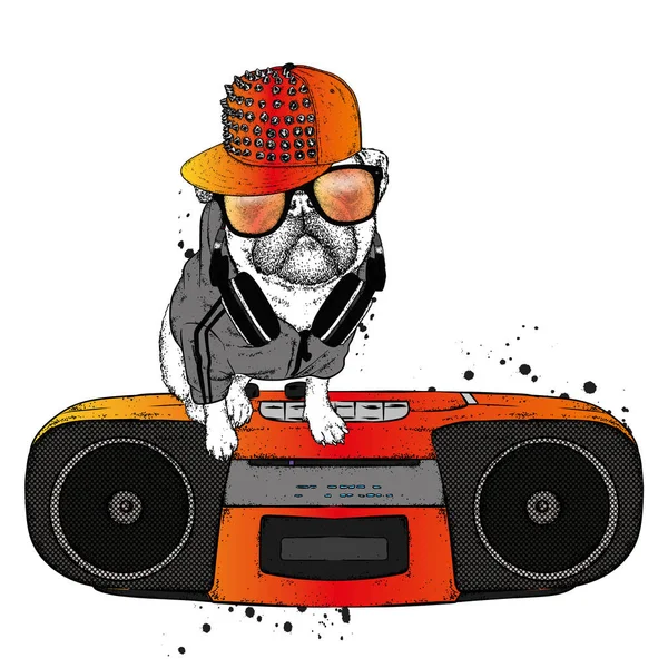 Mops Und Kassettenrekorder Lustige Welpen Und Musik Vektorillustration Hipsterhund — Stockvektor