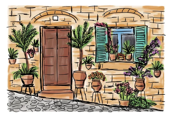 Akdeniz kasabası boyama — Stok Vektör