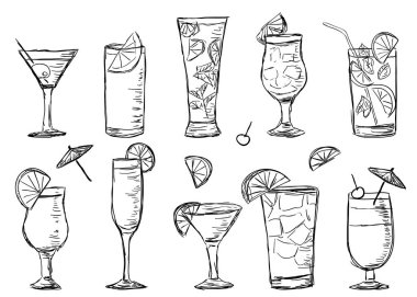 Tropikal egzotik kokteyller, doodle stili