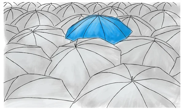 Blue umbrella in the grey umbrellas - pattern — Stock Vector