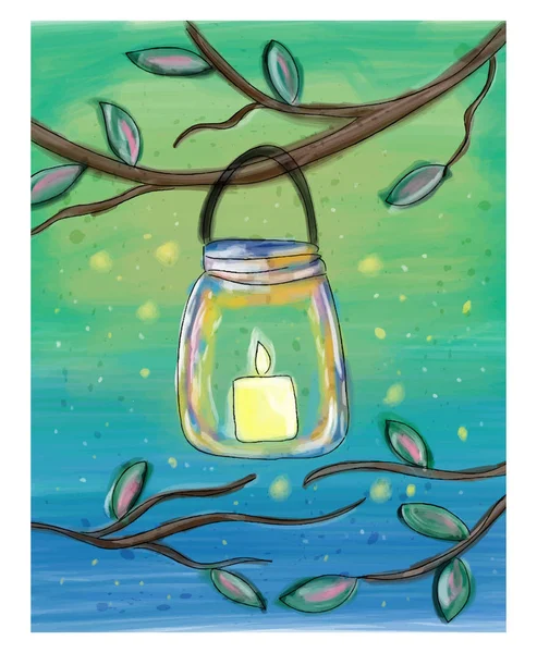 蜡烛在梅森罐子水彩涂鸦 — 图库矢量图片