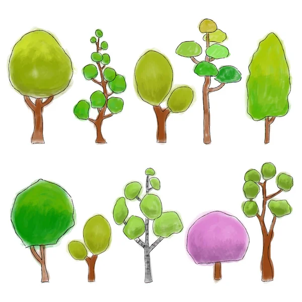 Bomen gekleurde doodle — Stockvector