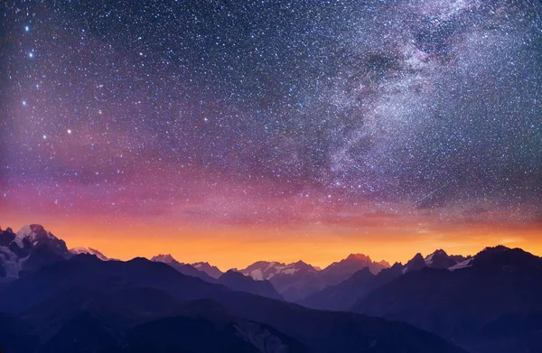 Fantastic Starry Sky Thick Fog Mountain Pass Goulet Georgia Svaneti — Stock Photo, Image