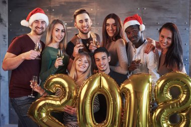 Yeni 2018 yılı yaklaşıyor! Neşeli eski dostların grup portresi birbirleriyle iletişim kuruyor. Parti, yeni yılın kutlanmasına adanmıştır. Gençlik birlikteliği yaşam tarzı kavramları
