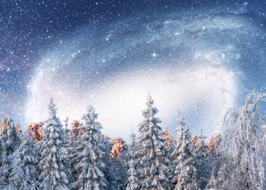 yıldızlı gökyüzü kış karlı gecede. New Year's Eve fantastik Samanyolu'nda. NASA nezaket. Tatil beklentisiyle. Dramatik sahne. Karpat. Ukrayna.
