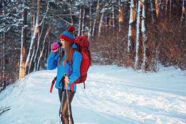 Sırt çantalı bir gezgin. Seyahat tarzı macera konsepti. Açık havada aktif tatiller. Kozalaklı ağaçlar ve beyaz karla kaplı güzel bir manzara..