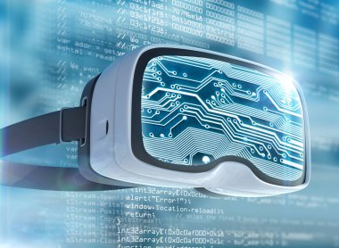 Sanal gerçeklik gözlükleri, fütüristik hacker, internet teknolojisi ve ağ konsepti. Ağ güvenliği. Soyut modern sanal bilgisayar senaryosu. Yazılım geliştirici programlama kodu.