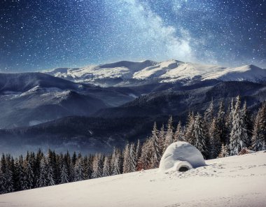 Kış sis dağlar yurt. Karpat, Ukrayna, Europe.