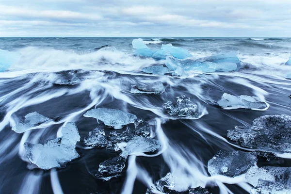 Laguna Ghiacciaio Jokulsarlon Fantastico Tramonto Sulla Spiaggia Nera Islanda — Foto Stock