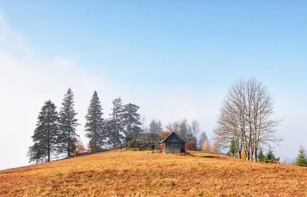 Soluppgång Ovanför Den Höga Fjälldimmiga Dalen Med Gamla Trähus Kulle — Stockfoto