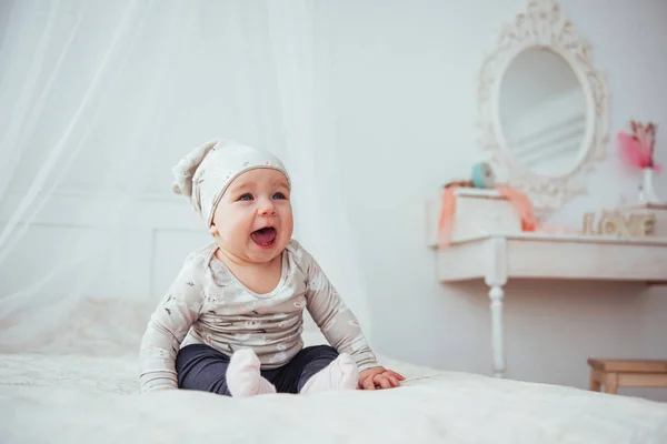 Newborn Baby Dressed Suit Soft Bed Studio — Stock Photo, Image