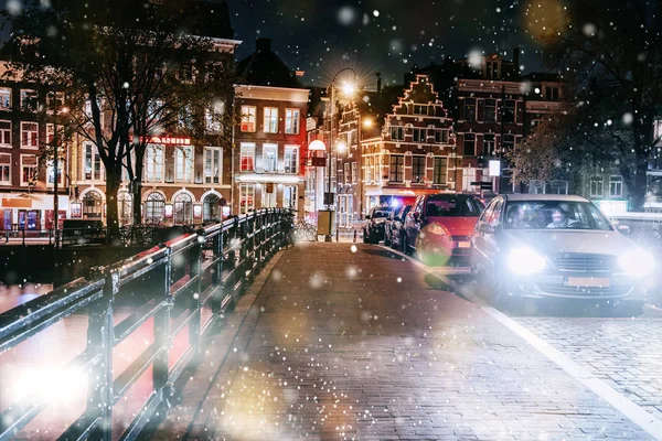 Amsterdam Csatorna Nyugati Oldal Alkonyatkor Natherlandsben Hóvihar Idején Bokeh Fényhatás — Stock Fotó