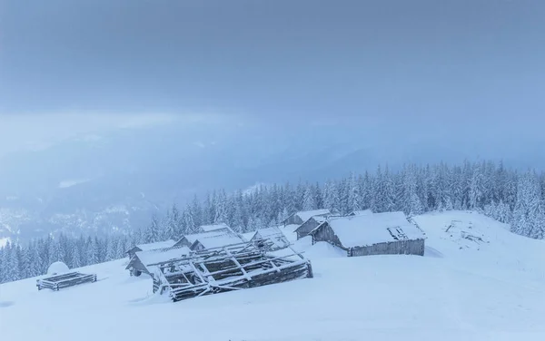 Kabina Horách Zimě Tajemné Mlhy Očekávání Svátků Karpaty Ukrajina Evropa — Stock fotografie