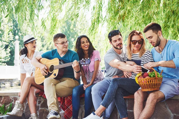 Een Groep Gelukkige Vrienden Met Gitaar Terwijl Een Van Hen — Stockfoto