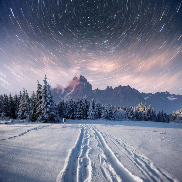 Cielo Stellato Nella Notte Nevosa Invernale Fantastica Lattea Capodanno Previsione — Foto Stock
