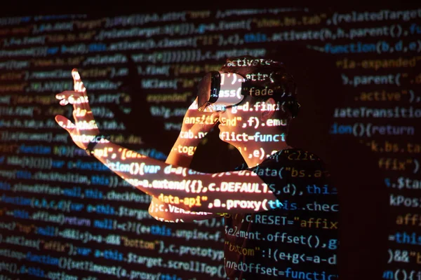 Double Exposure Caucasian Man Virtual Reality Headset Presumably Gamer Hacker — Stock Photo, Image