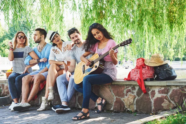 Een Groep Gelukkige Vrienden Met Gitaar Terwijl Een Van Hen — Stockfoto