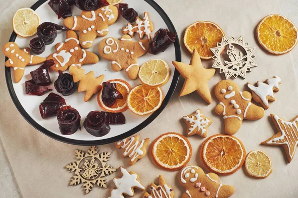 Christmas Gingerbread Cookies Dried Orange Spices White Table Pastel Jam — Stock Photo, Image