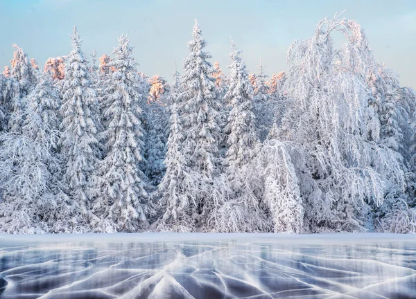 Blue Ice Cracks Surface Ice Frozen Lake Blue Sky Winter — ストック写真