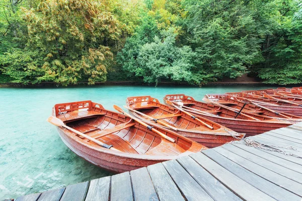 Holzboote Auf Plitvicer Seen Kroatien Europa — Stockfoto
