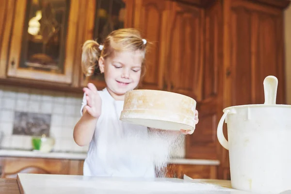 Happy Girl Wears Dough Baby Make Dinner Chef Suit — Stock Photo, Image