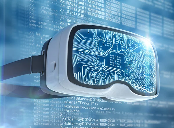 Virtual reality glasses, futuristic hacker, internet technology and network concept. Network security. Abstract modern virtual computer script. Software developer programming code.