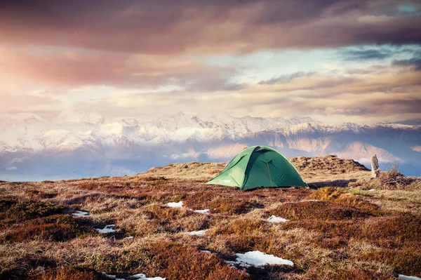 背景には雪をかぶった山々 の峰のテント マウント Ushba Mheyer ジョージアに山からの眺め ヨーロッパ — ストック写真