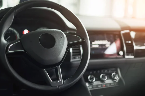 Luxury Car Interior Steering Wheel Shift Lever Dashboard Computer — Stock Photo, Image