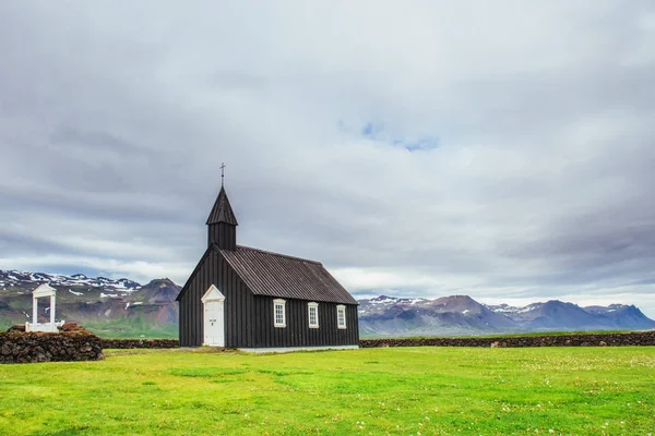Mountain View Iceland Beautiful Black Wooden Church Budir — Stock Photo, Image