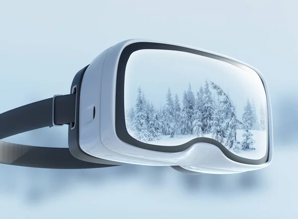 Auriculares Realidad Virtual Doble Exposición Misterioso Paisaje Invernal Majestuosas Montañas — Foto de Stock