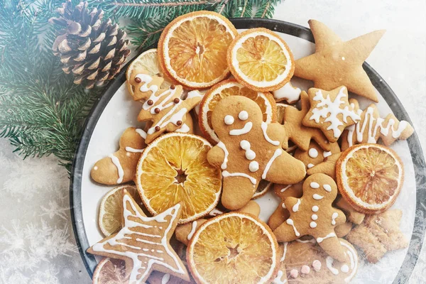 Galletas Miel Navidad Con Naranja Feliz Año Nuevo Navidad Bokeh —  Fotos de Stock