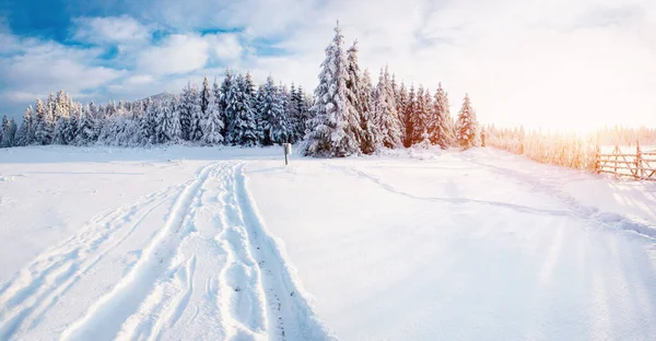Fantástica Paisagem Inverno Estrada Algo Que Leva Montanhas Dia Gelado — Fotografia de Stock