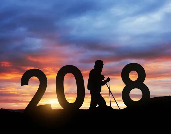Silhouet jonge wandelaar man voor 2018 nieuwjaar achtergrond van de zonsondergang — Stockfoto