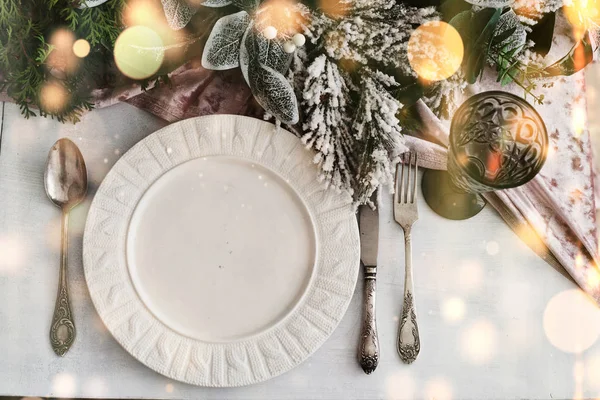 Noel Yemeği Için Masa Servis Edildi Oturma Odasında Üst Manzara — Stok fotoğraf