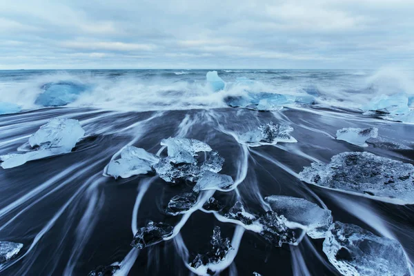 Lagoa Glaciar Jokulsarlon Fantástico Pôr Sol Praia Negra Islândia — Fotografia de Stock