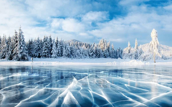 Blue Ice Cracks Surface Ice Frozen Lake Blue Sky Winter ストック写真